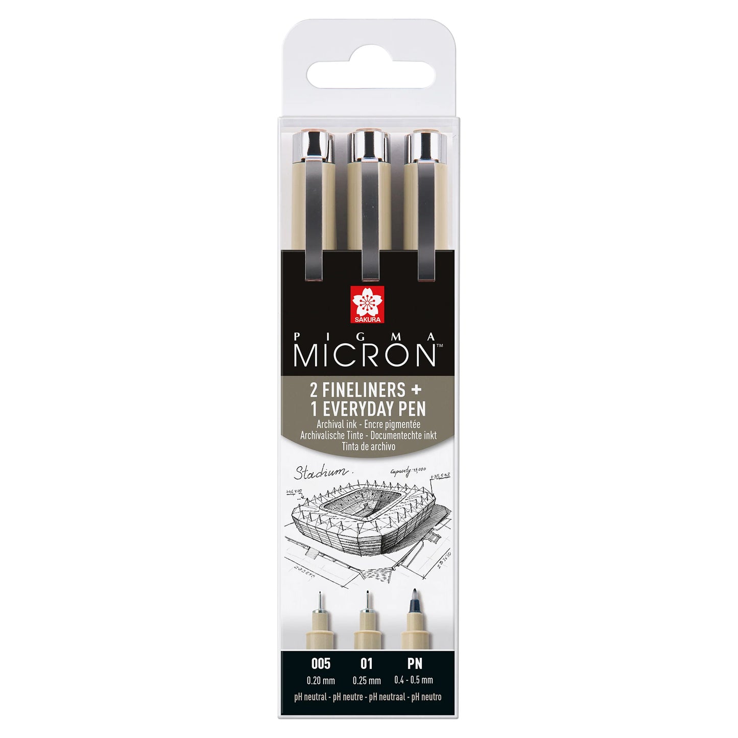 Sakura Pigma Micron 3er Set mit zwei schwarzen Finelinern und einem Everyday Pen für Künstler und Journaling