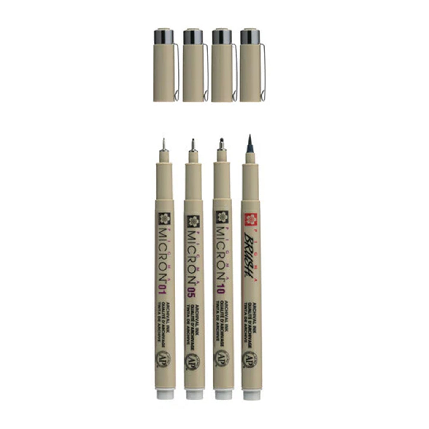 SAKURA Pigma MICRON™ - 3 Fineliners + 1 Brush Pen - Kaltgrau Hell