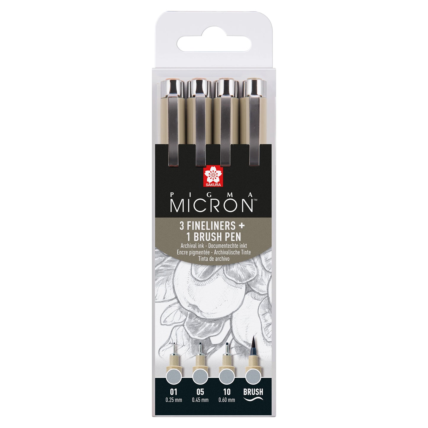 SAKURA Pigma MICRON™ - 3 Fineliners + 1 Brush Pen - Kaltgrau Hell
