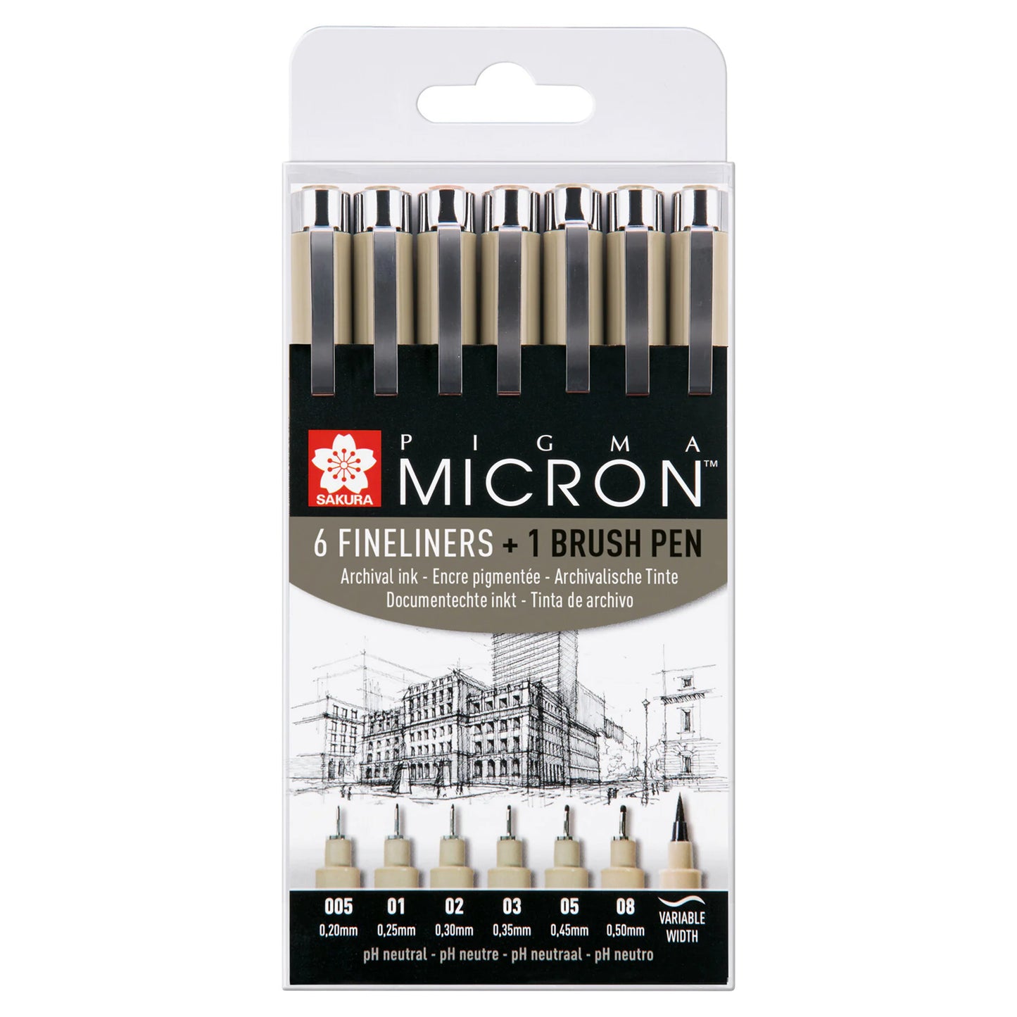 SAKURA Pigma MICRON™ - 6 Fineliners + 1 Brush Pen - Black
