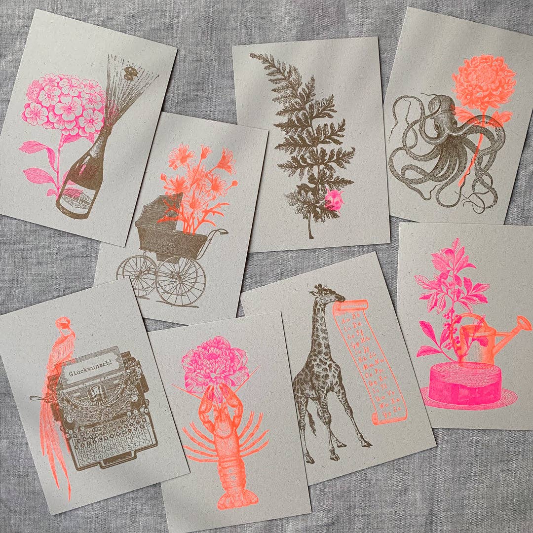 Postkarte Togethery „Champagner mit Blume", Format A6, Risographie