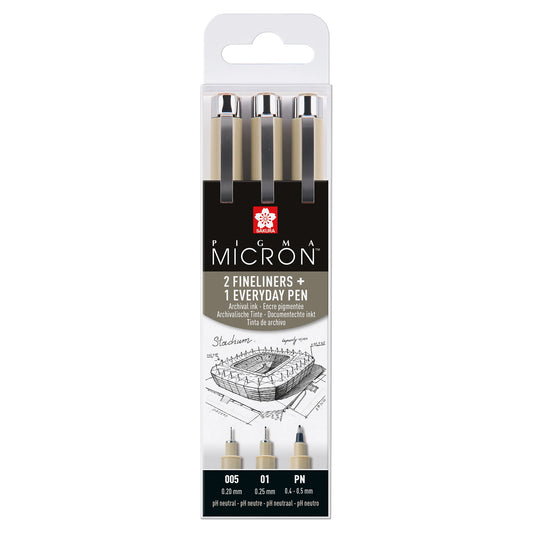 SAKURA Pigma MICRON™ - 2 Fineliners + 1 Everyday Pen - Schwarz