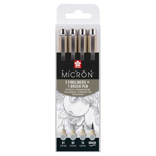 SAKURA Pigma MICRON™ - 3 Fineliners + 1 Brush Pen - Kaltgrau Hell