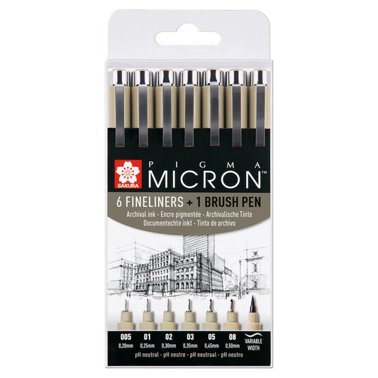 SAKURA Pigma MICRON™ - 6 Fineliners + 1 Brush Pen - Black
