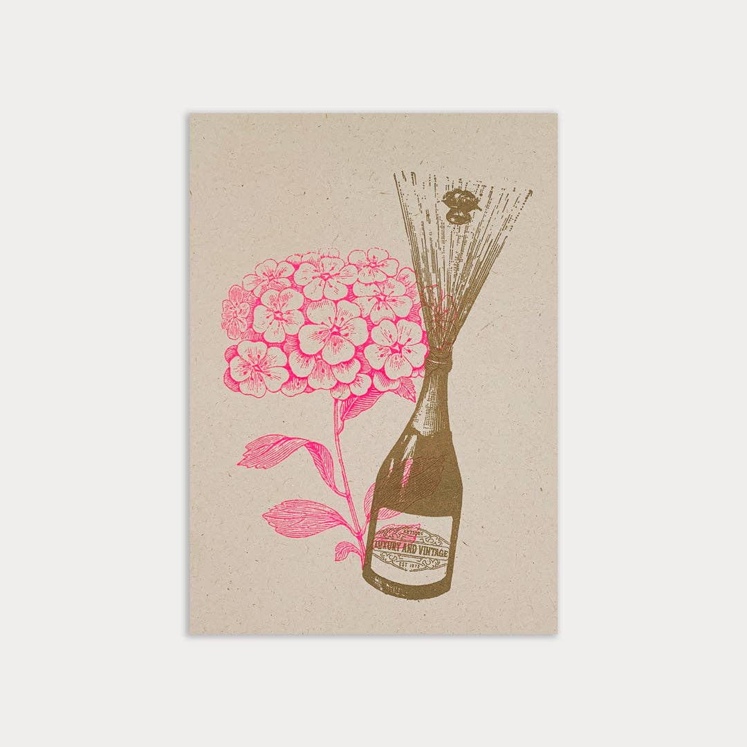 Postkarte Togethery „Champagner mit Blume", Format A6, Risographie