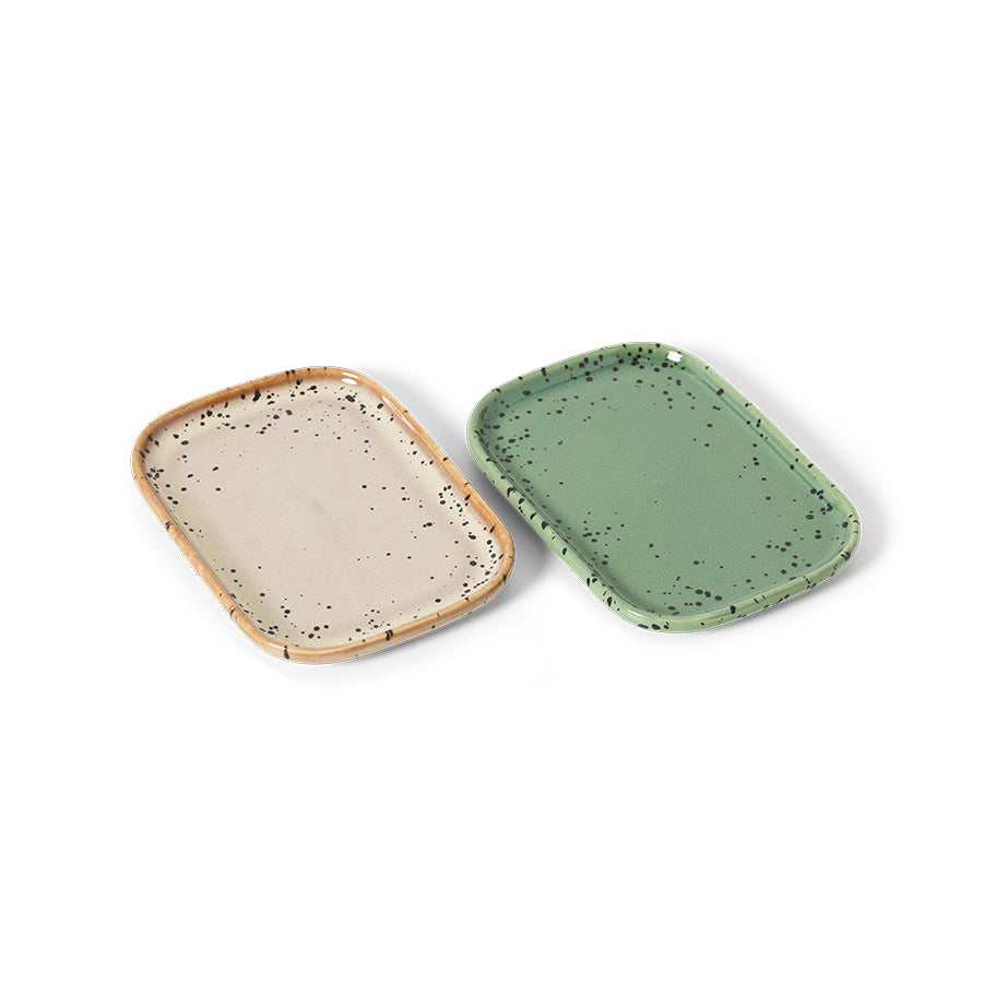 HKliving 70s Ceramics Small Trays Crayon 2er Set kleine rechteckige Keramik Schalen im Retro Look